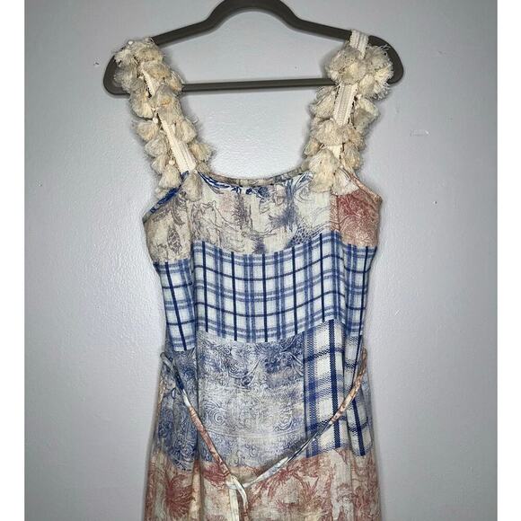 Tory Burch Tasseled Patchwork Printed Linen Midi Dress Far Away Size XS - Picture 4 of 8